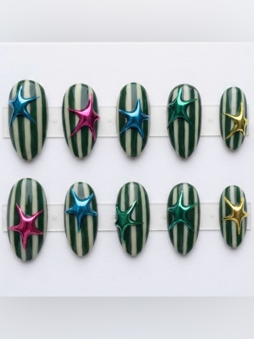 Striped Green Press-On Nails with Metallic Star Accents